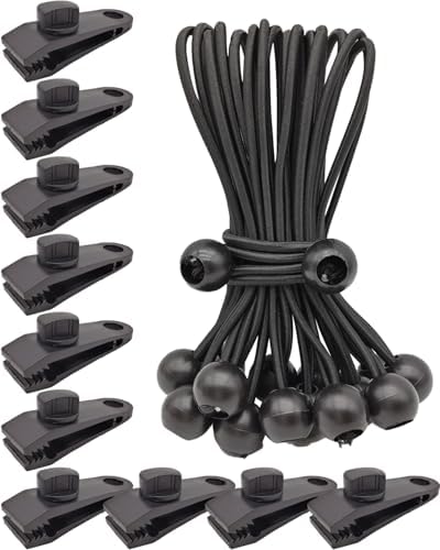 10 Pack Tarp Clips Lock Grip and 10 Pack Ball Bungee Cords 6 Inch by AOBYMIN