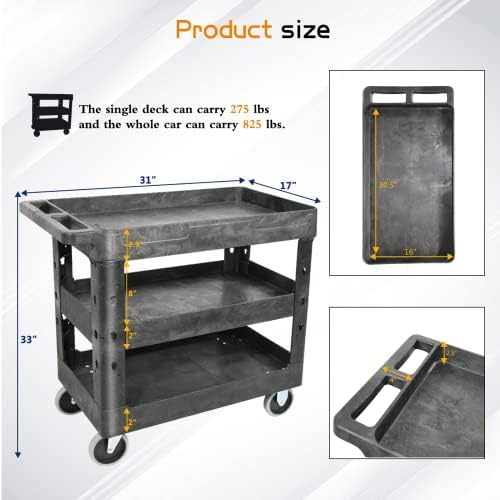 AQNIEGEP 3 Shelf Utility Cart Heavy Duty Rolling Cart with Brake Wheels Storage Service Cart w/Deep Shelves for Warehouse Workshop Cleaning Office Restaurant Commercial Moving 600lbs Capacity Black - Image 3
