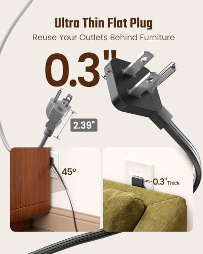 SUPERDANNY Brown Extension Cord 10Ft, Flat Plug Power Strip Surge Protector - Image 4