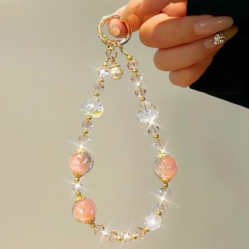 Sparkling Pink Phone Charm, Beaded Phone Wrist Strap for Women - Image 2