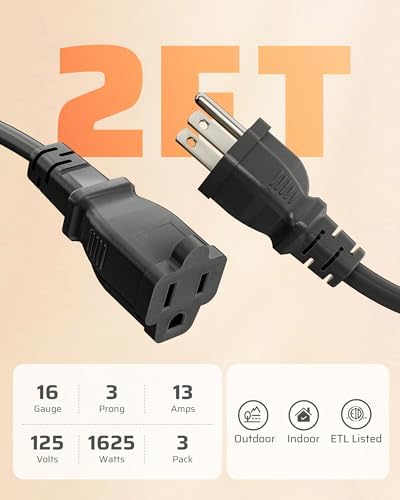 DEWENWILS 2FT Extension Cord, 16/3 SJTW, 13A, ETL Listed, Black, 3 Pack - Image 7