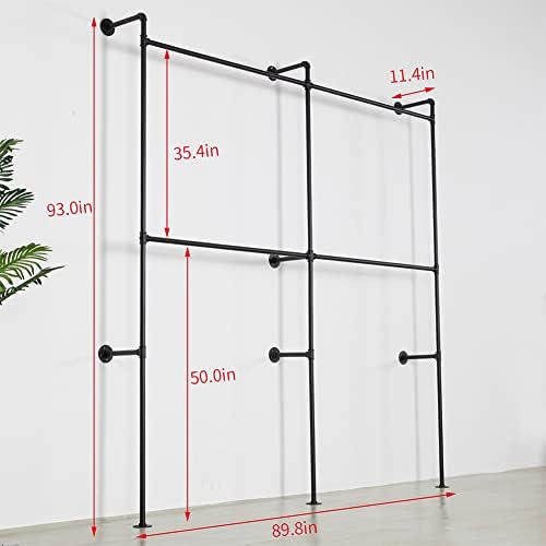 Industrial Pipe Clothing Rack Heavy Duty Double Closet Rod Clothes Rack, Clothing Rods for Hanging Clothes, Wall Mounted Clothes Garment Rack Closet System 90in Black - Image 3