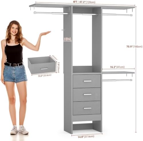 Besiost 4FT Small Closet System with 3 Fabric Drawers, 48'' Closet Organizer System With 3 Adjustable Shelves, Flexible Built-In Clothes Garment Rack for Small Space, 48" L x 13" W x 71" H, Grey - Image 6