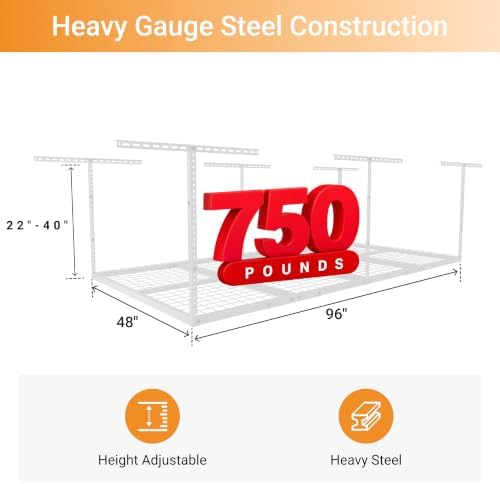 4x8ft Overhead Ceiling Garage Storage Rack, 750LBS Capacity, White - Image 3