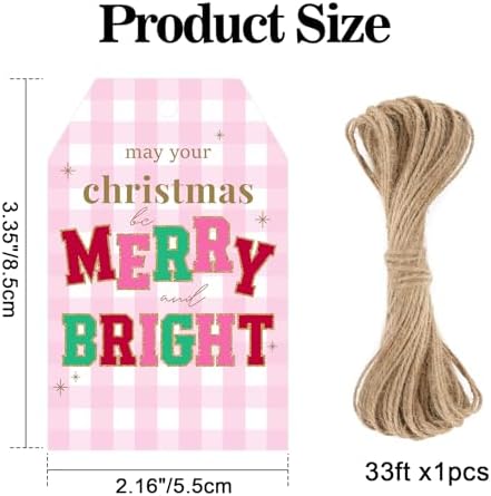 joycraft 50Pcs Christmas Tags with String, Pink Plaid Merry Christmas Tags - Image 2