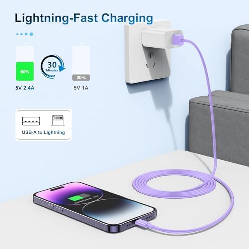 3 Pack Apple MFi Certified Charger Cable 6Ft, Lightning to USB Cable Cord 6 Foot, 2.4A Fast Charging,Apple Phone 6 Feet Long Chargers for iPhone 14/13/12/11/X/XS/XR/SE/8/7/6/5 Plus Pro Max Mini Purple - Image 4