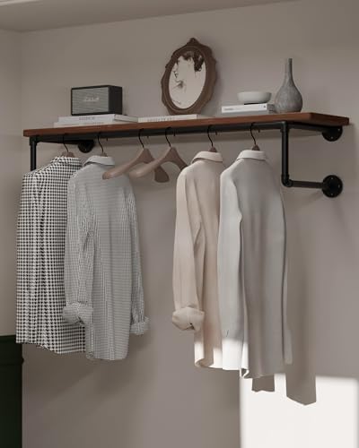 Clothes Rack 42in, Wall Mounted Garment Racks with Real Brown Wood Shelf, Heavy Duty Hanging Clothes Rack, Multi-Purpose Hanging Rod, Space-Saving Closet Storage by INDUSTRIALSHELVESDESIGN