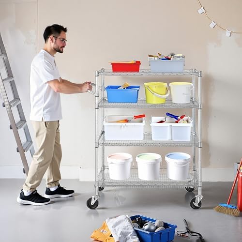 Finnhomy 4 Tier Heavy Duty Commercial Grade Rolling Cart with Handle Bar, Metal Wire Utility Cart with Wheels, Service Trolley on Wheels, Shelf Size 18" D x 30" W, NSF Listed, Chrome - Image 4