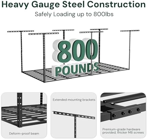 SunsGrove 2x8 Overhead Garage Storage Rack Organization, Adjustable Ceiling Mounted Storage Racks, 800LBS Weight Capacity, 22"-40" Ceiling Dropdown, Hammertone Black - Image 2