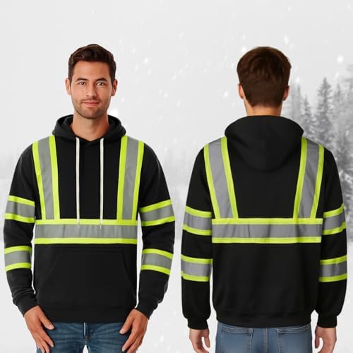 TCCFCCT Safety Jackets for Men Reflective Safety Work Hoodies, Class 3 High Visibility Hoodie for Men Women, Hi Vis Hoodies for Surveyors, Dirt-resistant, WTD-Black with Green Strip L - Image 5