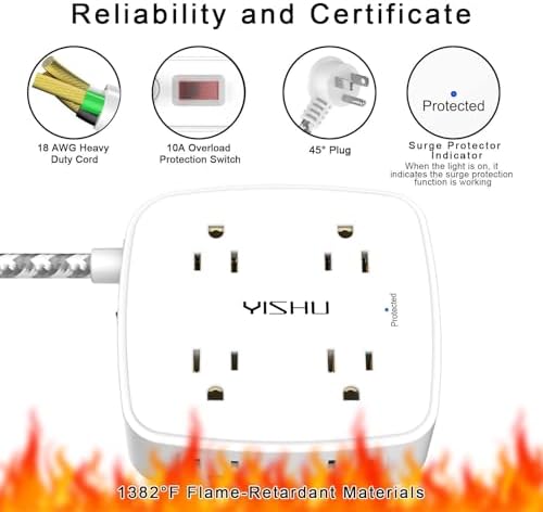 Surge Protector Power Strip - YISHU 8 Outlets with 4 USB (2 USB C) Charging Ports, 10Ft Braided Extension Cord, Flat Plug Multi Plug Outlet Extender Charging Station for Home Office, ETL, White - Image 6