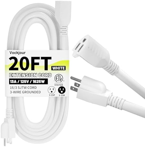 Vockjour 16/3 White Indoor Outdoor Extension Cord 20 Ft Waterproof by Vockjour