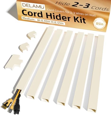 Delamu Beige Cord Hider, 85in Cord Covers for 2-3 Wires on Wall, Self-Adhesive Cable Hider, Wire Hiders Wire Covers for TV Cords on Wall, Easy Mount Cable Cover Raceway Kit, W0.95 H0.55in, Beige by DELAMU