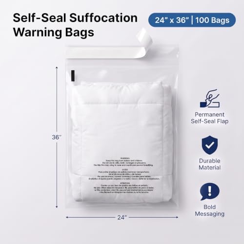 24” X 36” (100 Count) Self Seal Clear Poly Bags with Suffocation Warning - Image 2