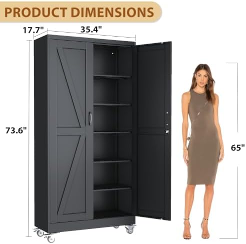74" Metal Garage Storage Locker Cabinet with Wheels,Rolling White Farmhouse Kitchen Pantry Cabinet with 2 Doors and 5 Adjustable Shelves, Steel File Tool Cabinet for Home Office Warehouse - Image 3