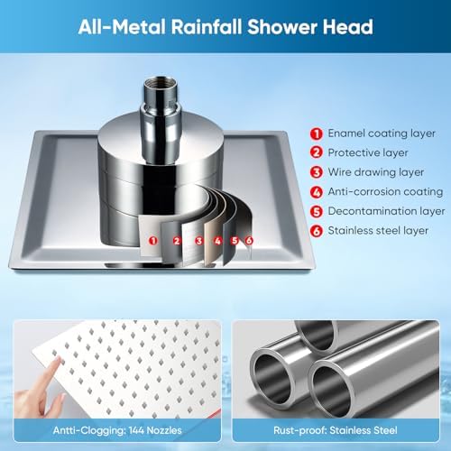 10 Inch Square Rain Shower Head with Filter for Hard Water — 304 Stainless Steel with 15-Stage Purification and High Pressure Spray, Chrome - Image 5