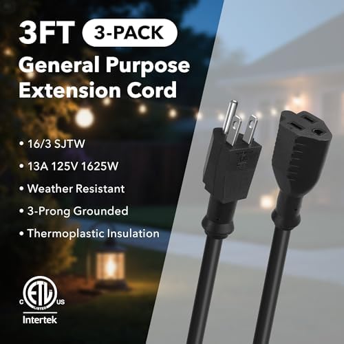 BN-LINK 3 Ft Outdoor Extension Cord 16/3 SJTW General Purpose Power Cord, 3 Prong Grounded Plug, 13-Amp, Black, for Lawn, Garden, Appliances, 3 Pack - Image 3