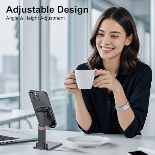Phone Stand for Desk Cellphone Holder Height Angle Adjustable Stands, Anti-Slip Base, Compact Design for iPhone Android Devices,Black,1Pack - Image 4