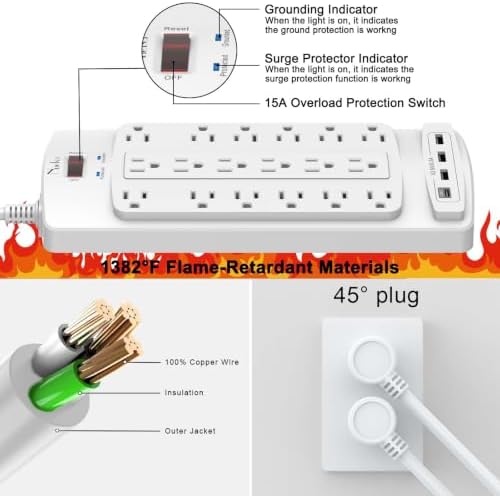 18 Outlets Surge Protector Power Strip - Nuetsa 6 Feet Flat Plug Heavy Duty Extension Cord with 18 Widely Outlets and 4 USB Ports, 2100 Joules, White, ETL Listed - Image 6