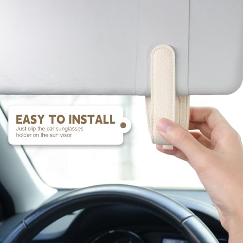 JUSTTOP 2 Pack Sunglasses Holders for Car, Magnetic Leather Buckle Sun Visor Sunglass Clip, Ticket Card Clip Sunglasses Mount, Car Interior Accessories for Men and Women (Beige) - Image 5