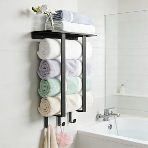 Roll Towel Racks for Bathroom, Bethom Small Wall Shelf with Hooks, Black - Image 2