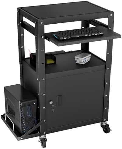 Mobile AV Cart with Side Shelves, Rolling Computer Cart Height Adjustable Rolling Media Utility Cart with Pullout Keyboard Tray Extra Storage Space, 4 Outlets, Perfect for Home or Office Use by GREHITK