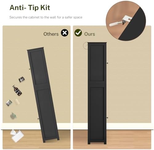 TEENFON 66.9" H Tall Storage Cabinet with 2 Doors and 1 Drawer, Narrow Black Cabinet with Adjustable Shelves, for Bathroom, Living Room, Entryway, Kitchen, Black - Image 7