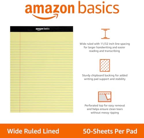 Amazon Basics Wide Ruled Lined Writing Pads, 8.5" x 11.75", Canary, 12-Pack of 50 Perforated Sheets, Sturdy Backing - Image 2