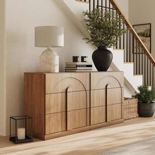 BELLEZE Sideboard Cabinet with 3 Drawers, Set of 2 Modern Wood Buffet Cabinet with Arc Design, Large Fluted Sideboard with Storage for Kitchen Living Room Entryway, Camel - Image 5