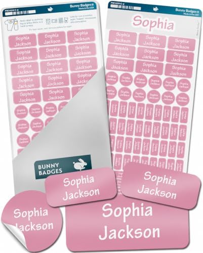 Bunny Badges Personalized Name Labels for Kids (70 Labels) - Custom Waterproof Name Stickers for Daycare, Clothing Tags, Water Bottles, Lunch Boxes and School Supplies (Pink) by BunnyBadges