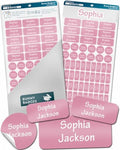 Bunny Badges Personalized Name Labels for Kids (70 Labels) - Custom Waterproof Name Stickers for Daycare, Clothing Tags, Water Bottles, Lunch Boxes and School Supplies (Pink) by BunnyBadges