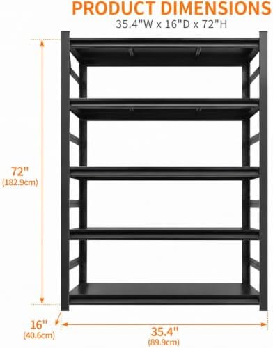 72"H Metal Garage Shelving Unit, Heavy Duty 5-Tier Adjustable Storage shelves, Steel Shelving, 3000 LBS Capacity, Industrial Shelves for Heavy Tools and Equipment, Ideal for Garage, Basement, Black - Image 3