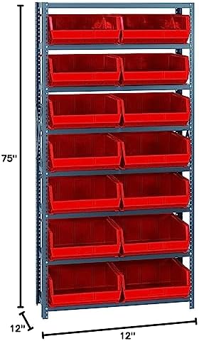 Quantum Storage Systems QSBU-250RD Giant Open Hopper Steel Shelving System, 12" D x 36" W x 75" H, with 8 Shelves and 14 QUS250 Bins, Red - Image 2