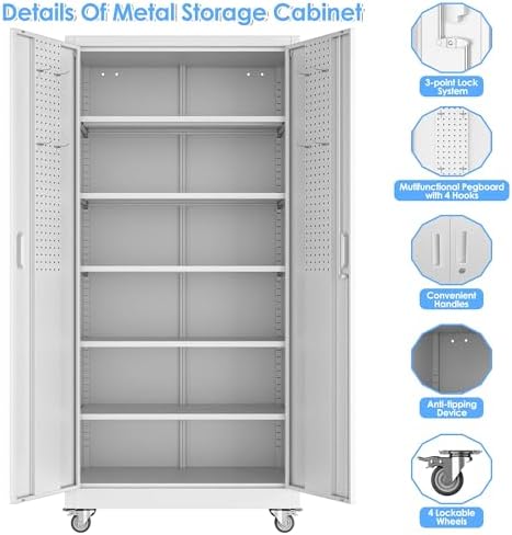SUXXAN 71" White Metal Storage Cabinet with Wheels, Pegboard and Lock - Image 4