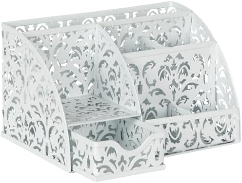 EasyPAG Desk Organizer and Pen Holder for Desk, Mesh Office Supplies Storage Caddy with Drawer for Small Space, Desktop Organizer for Home Office, White - Image 2