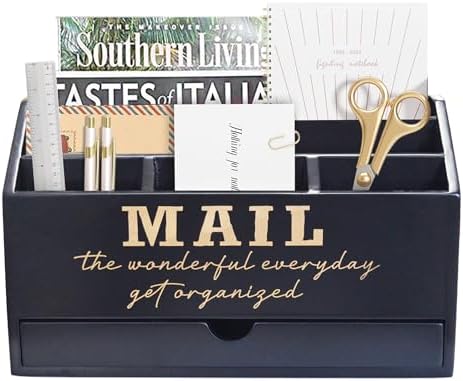 EXQUIDECA Wooden Black Rustic Countertop Mail Storage Holder with Drawer and Compartments - Office Desk Accessories and Workspace Organizers - Desktop Sorter for Pen Stationery Letter Files Documents by EXQUIDECA