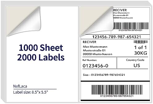 8.5" x 5.5" Half Page Self Adhesive Shipping Label, Compatible Laser & Inkjet Printers, White, 2 Labels Per Sheet(1000 Sheet Total 2000 Labels) by NefLaca