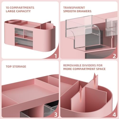 Marbrasse Desk Organizer Pen Holder for Desk with 3 Drawers, Multi-Functional Pencil Holder, Desk Organizers and Accessories with 7 Compartments for Home, School, Classroom(Pink) - Image 5