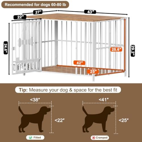 Easycom 43" Dog Crate Furniture Foldable, No Assembly Decorative Dog Kennel Indoor, XL Dog Crates for Large Dogs (60-80 lbs), Wooden Dog Cage with Adjustable Bowls and Name Tag, White & Beech - Image 6