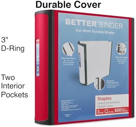 Staples Heavy-Duty 3-Inch D-Ring Binder, Red, Vinyl Cover, 600 Sheets - Image 2