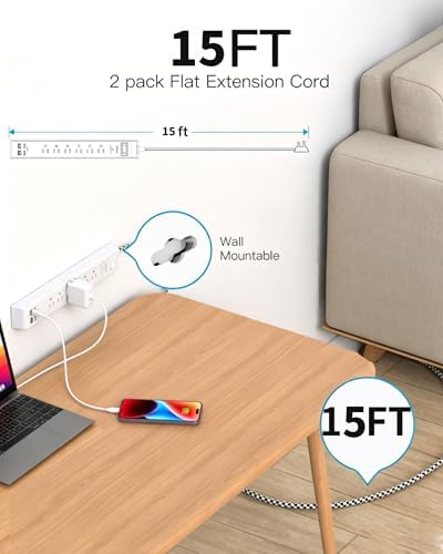 Mifaso 2 Pack Power Strip, 15FT Long Extension Cord, 1080J Surge Protector - Image 2