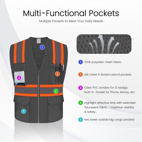 Reflective Vest for Men, High Visibility Mesh Vest, Grey, 2XL - Image 3