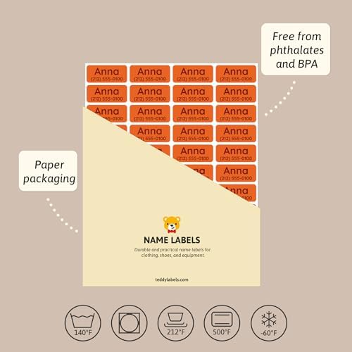 TeddyLabels - Clothing Labels for Nursing Home (60) – Self-Adhesive Name Tags for Clothes and Personal Items. Personalized Labels for Daycare, Nursing Homes, and Laundry Use - Orange - Image 4