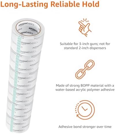 Amazon Basics 2.83 Inch Wide Packing Tape, Fits 3-Inch Dispensers, Crystal Clear, Low Odor, for Moving, Storage, Shipping and Sealing Boxes, 54.6 Yards, 6-Pack - Image 2