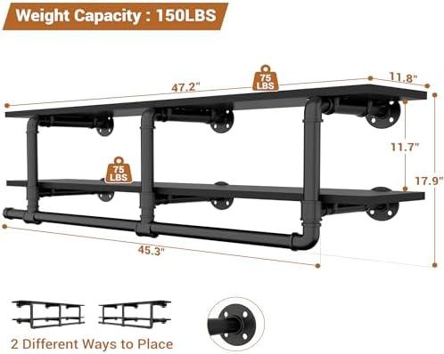 Aheaplus Industrial Pipe Clothing Rack, Wall Mounted Closet Shelf with Rod - Image 7