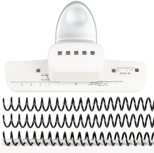 5-Hole Punch Square Paper Punch Manual Book Binding Machine with 20PCS 3:1 Pitch Plastic Spiral Binding Coils for Planners, Notebooks, Journals or Scrapbooks (Silver and White) by SFITEM