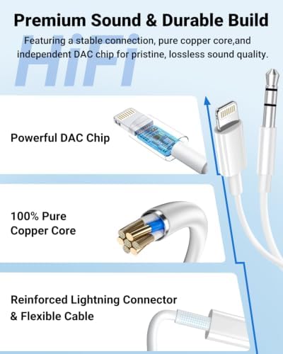 Aux Cord for iPhone,[Apple MFi Certified] Lightning to 3.5 mm AUX Cable for Car Stereo, Speaker, Headphone, Auxiliary Audio Cable Compatible with iPhone 14 13 12 11 XS XR X 8 7 3.3FT White - Image 3