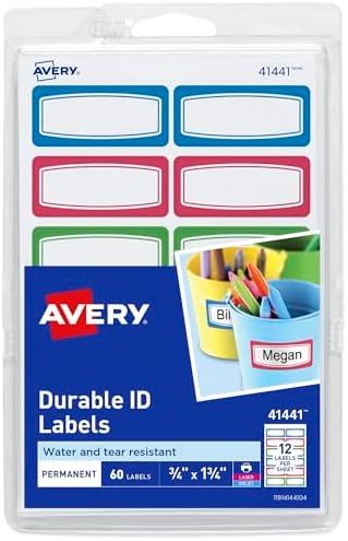 Avery 0.75 x 1.75 Inches Kids Durable Labels, Assorted, Pack of 60 (41441) by Avery