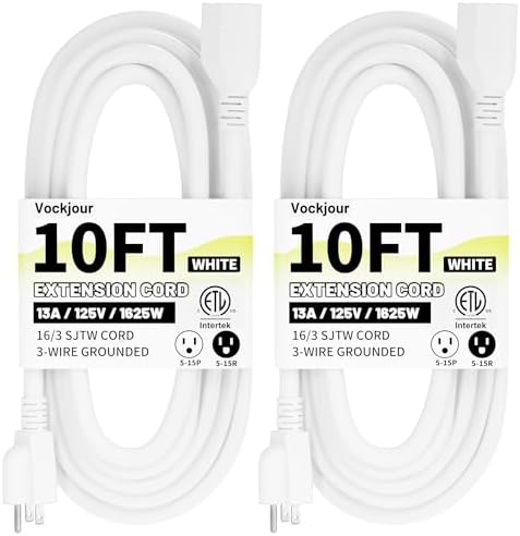 Vockjour 16/3 White Indoor Outdoor Extension Cord 10 Ft 2 Pack Waterproof by Vockjour