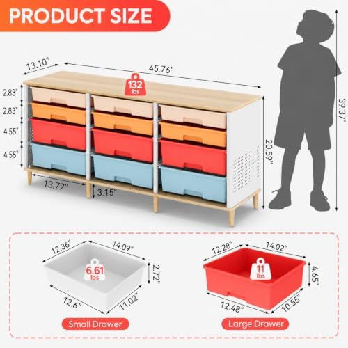 TOOLF 12 Drawers Storage Cabinet with Wooden Top and Plastic Bins,Colorful - Image 3